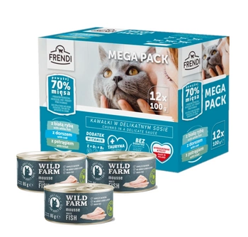Kapsičky pre mačky Frendi (biela ryba/treska/pstruh) 12x100g + WILD FARM Mousse White Fish 3x85g - bezobilninová pena pre mačky