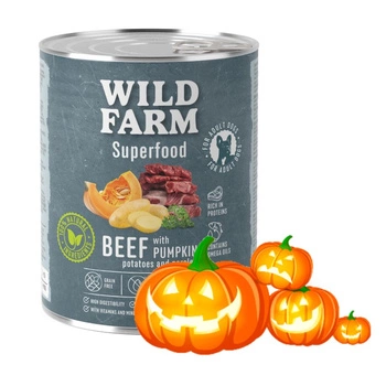 WILD FARM Superfood Beef (hovädzie mäso s tekvicou, zemiakmi a petržlenovou vňaťou) 800g krmivo pre psov bez obilnín