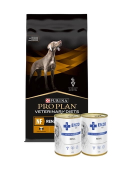 PRO PLAN Veterinary Diets NF Renal Function Suché krmivo pre psov 12 kg + ENZO VET Renálna diéta pri ochorení obličiek s hovädzím mäsom pre psov 2x400g