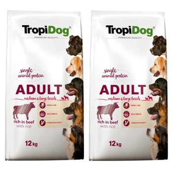 TROPIDOG Premium Adult stredné a veľké plemená Rich v HOVĚZÍM, s RÝŽÍ 2x12kg