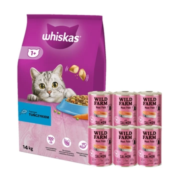 Whiskas granule s tuniakom 14 kg + WILD FARM Pate Salmon 6x400g