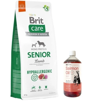 BRIT CARE Hypoallergenic Senior Lamb 12kg & LAB V Lososový olej pre psov a mačky 1000ml