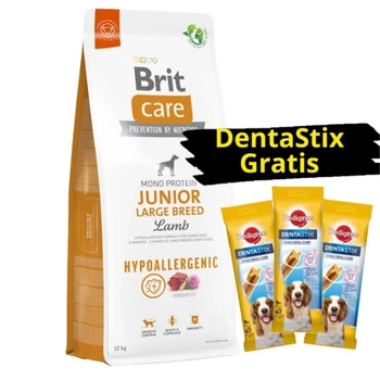 BRIT CARE Dog Hypoallergenic Junior Large Breed Lamb 12kg + 3x DentaStix ZADARMO