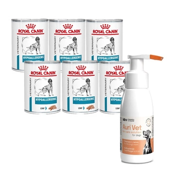 Royal Canin Veterinary Health Nutrition Dog Hypoallergenic Can 6x400 g & Prípravok na starostlivosť o uši pre psov 75 ml