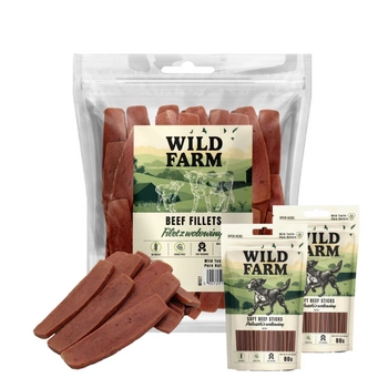 Hovädzí filet WILD FARM 500g psia maškrta & WILD FARM mäkké kuracie prasa 2x80g pochúťka pre psa
