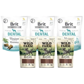Brit snack Dental venison & rosemary 3x150 g & WILD FARM hovädzie tyčinky 3x80g psie maškrty