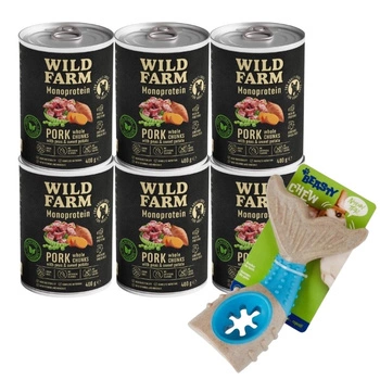 Wild Farm Monoprotein Pork 6x400g hypoalergénne krmivo pre psov & Žuvacia hračka pre psov - kosť 18 cm (náhodný vzor)