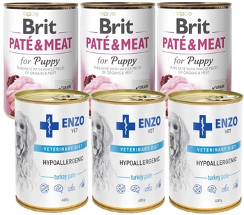 Brit Paté & Meat Puppy 3x400 g & ENZO VET Hypoalergénne hypoalergénne krmivo s morkou pre psov 3x400g