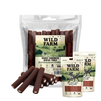 WILD FARM Zubné tuby s králikom 500g Psí maškrta & WILD FARM mäkké kuracie prsia 2x80g psia maškrta