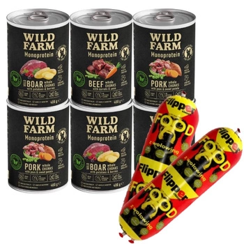 WILD FARM Monoproteínová zmes príchutí 6x400g hypoalergénne krmivo pre psov & DOLINA NOTECI FLIPPER Klasické s hovädzím mäsom pre psov 2x900g