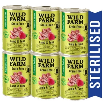 WILD FARM Prémiové bezobilné jahňacie a tuniakové krmivo 6x400 g - bezobilné krmivo pre sterilizované mačky