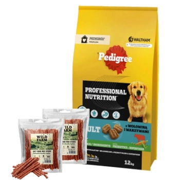 PEDIGREE® Adult Professional Nutrition 12 kg s hovädzím mäsom a zeleninou - suché kompletné krmivo pre dospelé psy veľkých a stredných plemien & WILD FARM tyčinky s kačicou a ryžou 2x500g psia maškrta