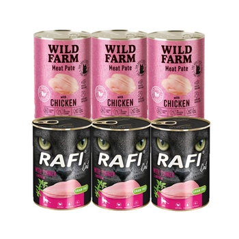RAFI Cat Adult s morčacím mäsom 3x400g + WILD FARM Pate Chicken 3x400g