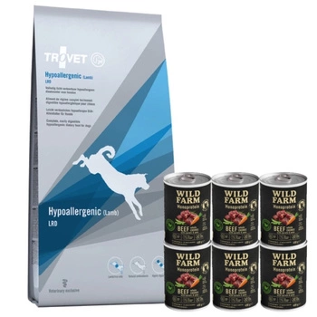 TROVET LRD Hypoallergenic - jahňacie mäso (pre psa) 10kg & Hypoalergénne krmivo pre psov Wild Farm Monoprotein Beef 6x400g
