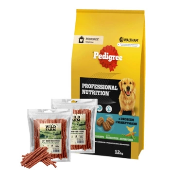 PEDIGREE® Adult Professional Nutrition 12kg s hydinou a zeleninou - suché kompletné krmivo pre dospelé psy veľkých a stredných plemien & WILD FARM tyčinky s kačicou a ryžou 2x500g psia maškrta