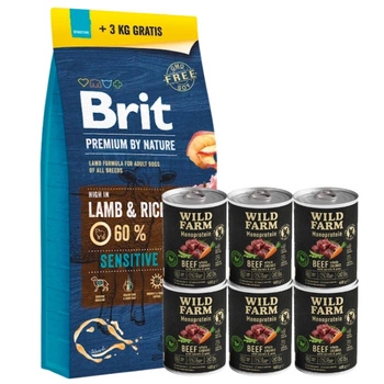 BRIT Premium By Nature Sensitive Lamb 15 kg + 3 kg & Wild Farm Monoprotein Beef 6x400g hypoalergénne krmivo pre psov