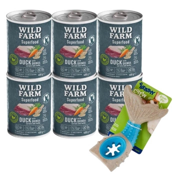 Wild Farm Superfood Duck 6x400g krmivo pre psov bez obilnín & Žuvacia hračka pre psov - kosť 18 cm (náhodný vzor)