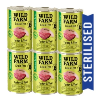 WILD FARM Prémiové krmivo bez obilnín s morčacím a teľacím mäsom 6x400 g - krmivo bez obilnín pre sterilizované mačky