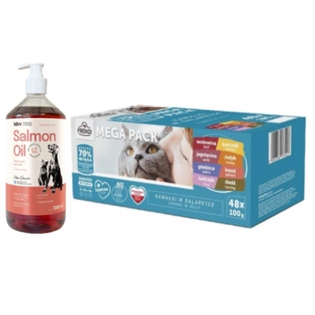 Frendi sáčky pre mačky s mäsovou a rybacou príchuťou v želé 48x100g & Lab-v Lososový olej 1000 ml