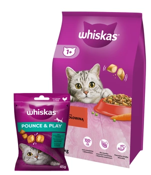 Whiskas Adult s hovädzím mäsom 14 kg + WHISKAS Energy and Vitality 45g pochúťka pre mačky, s kuracím mäsom