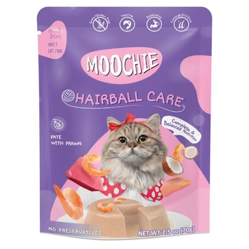 MOOCHIE Hairball Control s krevetami 70g podporuje trávenie, pomáha kontrolovať a redukovať tvorbu chlpových bezoárov