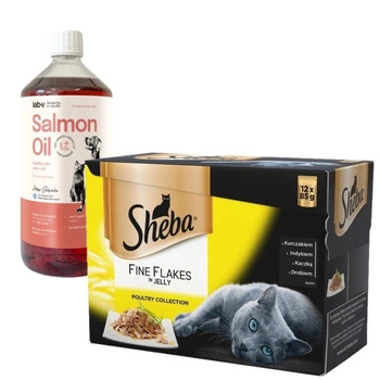 SHEBA sáčok 12x85g Delikatesa v želé - príchute hydiny - vlhké krmivo pre mačky v želé (s kuracím, morčacím, kačacím, hydinovým mäsom) & LAB V Lososový olej pre psov a mačky 1000ml