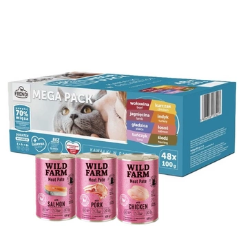 Frendi kapsičky pre mačky s mäsovou a rybacou príchuťou v želé 48x100g + WILD FARM Paštéta so zmesou príchutí 3x400g - bezlepkové krmivo pre mačky