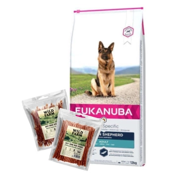 EUKANUBA Adult German Shepherd 12kg & WILD FARM 2x500g psie maškrty