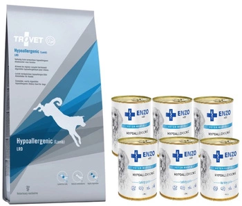 TROVET LRD Hypoallergenic - jahňacie mäso (pre psa) 10kg & ENZO VET Hypoalergénne hypoalergénne krmivo s morkou pre psov 6x400g