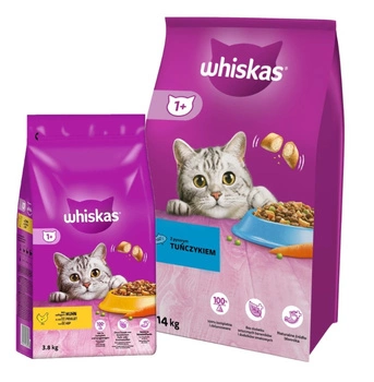 Whiskas granule s tuniakom 14 kg & WHISKAS Adult 3,8 kg - suché krmivo pre dospelé mačky, s lahodným kuracím mäsom