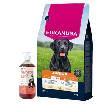 EUKANUBA Junior Large 15kg & Lab-v Lososový olej 1000 ml