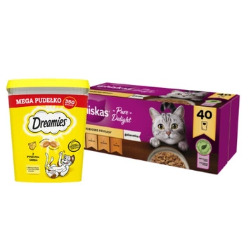 WHISKAS Adult sáčky 40 x 85 g Hydinové hranolky - vlhké krmivo pre dospelé mačky, v želé (kúsky s: kuracím, morčacím, hydinovým, kačacím mäsom) & DREAMIES Mega Box 350 g - doplnkové krmivo pre dospelé mačky s lahodným syrom
