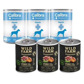 Calibra VD Dog Hepatic 3x400 g & WILD FARM Monoproteínové bravčové mäso 3x400g hypoalergénne krmivo pre psov