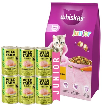 WHISKAS Junior chicken 14kg & WILD FARM Prémiové krmivo bez obilnín s kuracím mäsom a lososom Junior 6x400g - krmivo bez obilnín pre mačiatka