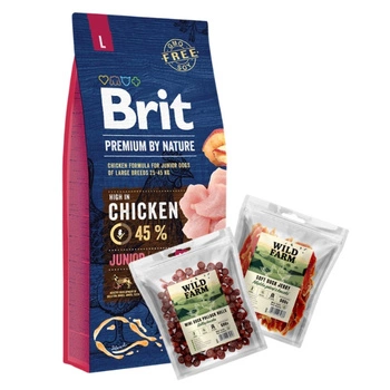 BRIT Premium By Nature Junior L 15kg & WILD FARM 2x500g psie maškrty mix príchutí