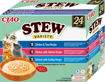 INABA Cat Ciao Stew - doplnkové krmivo pre mačky s príchuťou kuracieho mäsa, tuniaka, lososa a hrebenatky 24x40g
