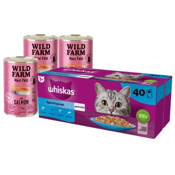 WHISKAS Adult sáčky 40 x 85 g Fishy Treats - vlhké krmivo pre dospelé mačky v želé (kúsky s: lososom, tuniakom, treskou, bielou rybou) & WILD FARM Paštéta s lososom 3x400g - bezlepkové krmivo pre mačky