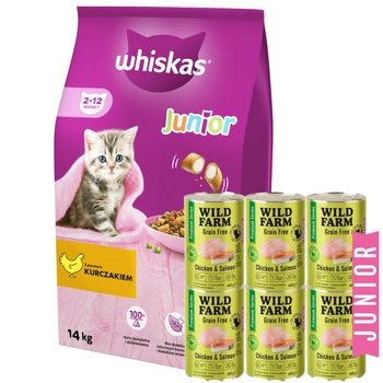 WHISKAS Junior chicken 14kg  + WILD FARM Premium Grain Free Chicken and Salmon Junior 6x400g