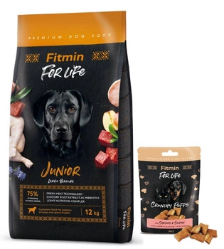 Fitmin Dog For Life Junior Large 12 kg + Fitmin For Life Sušienky pre psov a mačky 50 g, mix príchutí