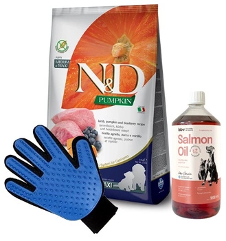 Farmina N&D GF Pumpkin DOG Puppy M/L Lamb & Blueberry 12kg & LAB V Lososový olej pre psov a mačky 1000ml + Rukavica na česanie srsti psov a mačiek ZADARMO!