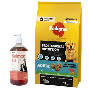 PEDIGREE® Adult Professional Nutrition 12 kg s hovädzím mäsom a zeleninou - suché kompletné krmivo pre dospelé psy veľkých a stredných plemien & Lososový olej Lab-V 1000 ml