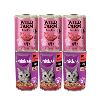 WHISKAS Adult beef 3x400g + WILD FARM Pate Beef 3x400g