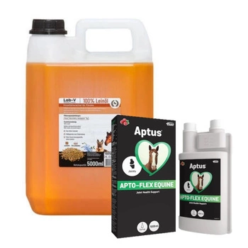 Lab-v Ľanový olej - 100% ľanový olej lisovaný za studena pre kone 5000 ml & ORIONPHARMA Apto-Flex EQ 1000ml