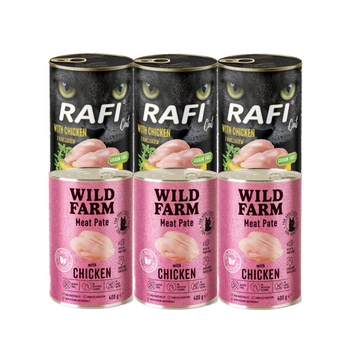 RAFI Cat Adult s kuracím mäsom 3x400g + WILD FARM Pate Chicken 3x400g