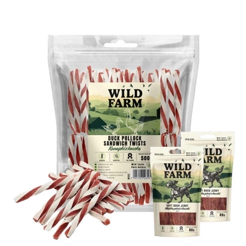 WILD FARM kačací sendvič 500g psie maškrty & WILD FARM mäkké kuracie prsia 2x80g psia maškrta