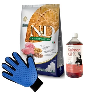 Farmina N&D Ancestral Grain LAMB & BLUEBERRY PUPPY MEDIUM & MAXI 12 kg & LAB V Lososový olej pre psov a mačky 1000ml + Rukavica na česanie srsti psov a mačiek ZADARMO!