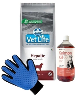 FARMINA Vet Life Dog Hepatic 12kg & LAB V Lososový olej pre psov a mačky 1000ml + Rukavica na česanie srsti psov a mačiek ZADARMO!