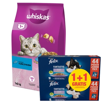 Whiskas granule s tuniakom 14 kg + Felix v želé MÄSOVÁ ZMES vrecko 44x85g 1 + 1 ZADARMO