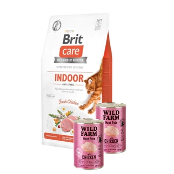 BRIT Care Cat  Grain-Free Indoor Anti-Stress 7kg + WILD FARM Pate Chicken 2x400g