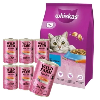 WHISKAS Adult 7 kg - suché krmivo pre dospelé mačky s lahodným tuniakom & WILD FARM Paštéta z lososa 6x400g - bezlepkové krmivo pre mačky